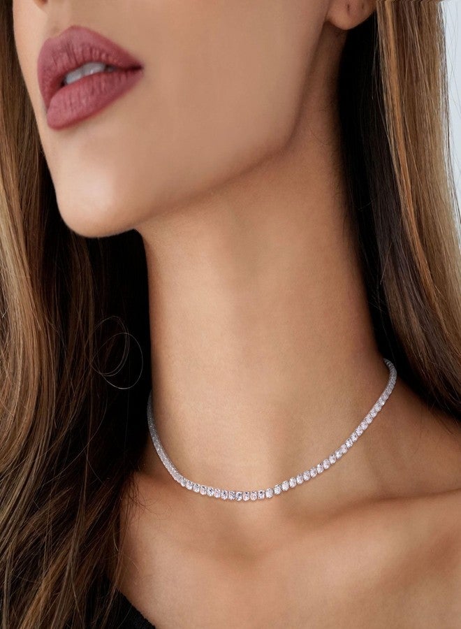 Robaice Tennis Necklace for Women, Silver Plated Rhinestone Choker Necklace for Women, Dainty Cubic Zirconia Cut Faux Diamond Chain 2mm - Image 3